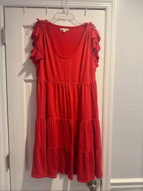 Max Studio Red Tiered Midi Dress with Ruffle Sleeves